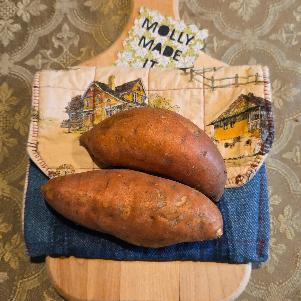 HAND CRAFTED Potato Pouch Microwave UPCYCLE Blue Denim Cotton Farmhouse 8.5 Inch